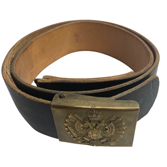 WWI Austrian Hungarian Double Head Eagle Buckle Leather Black Statement Belt 43" - Picture 1 of 8